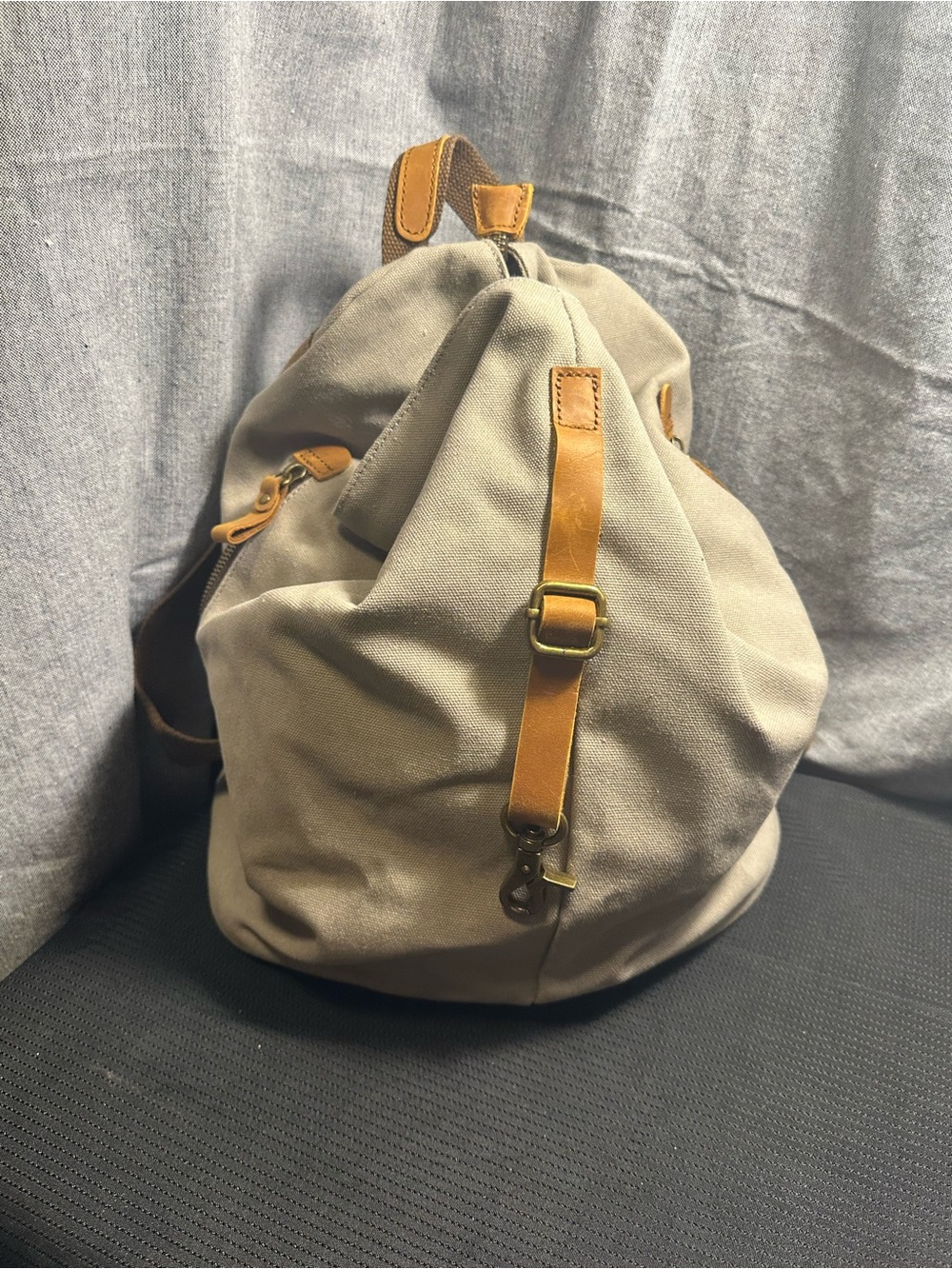 Canvas Daypack Backpack in Beige with Tan Leather Trim